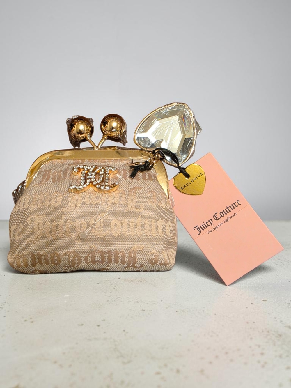 Juicy Couture Beige Logo Kiss-Lock Mini Clutch/Crosscody with Crystal Charm